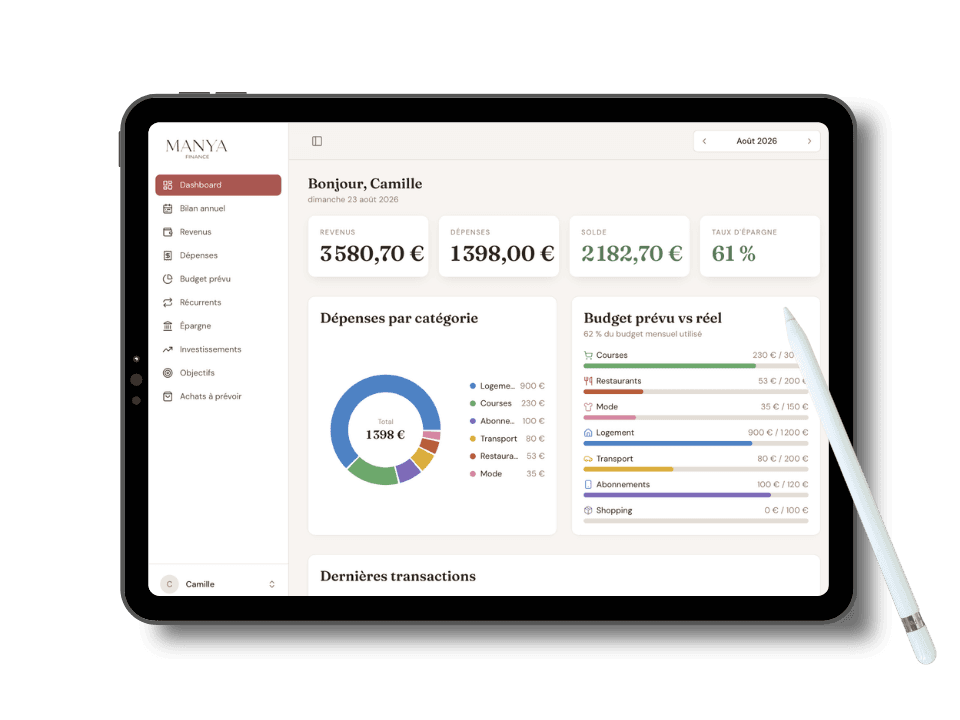 Le tableau de bord de Manya Finance affiché sur une tablette avec un stylet.